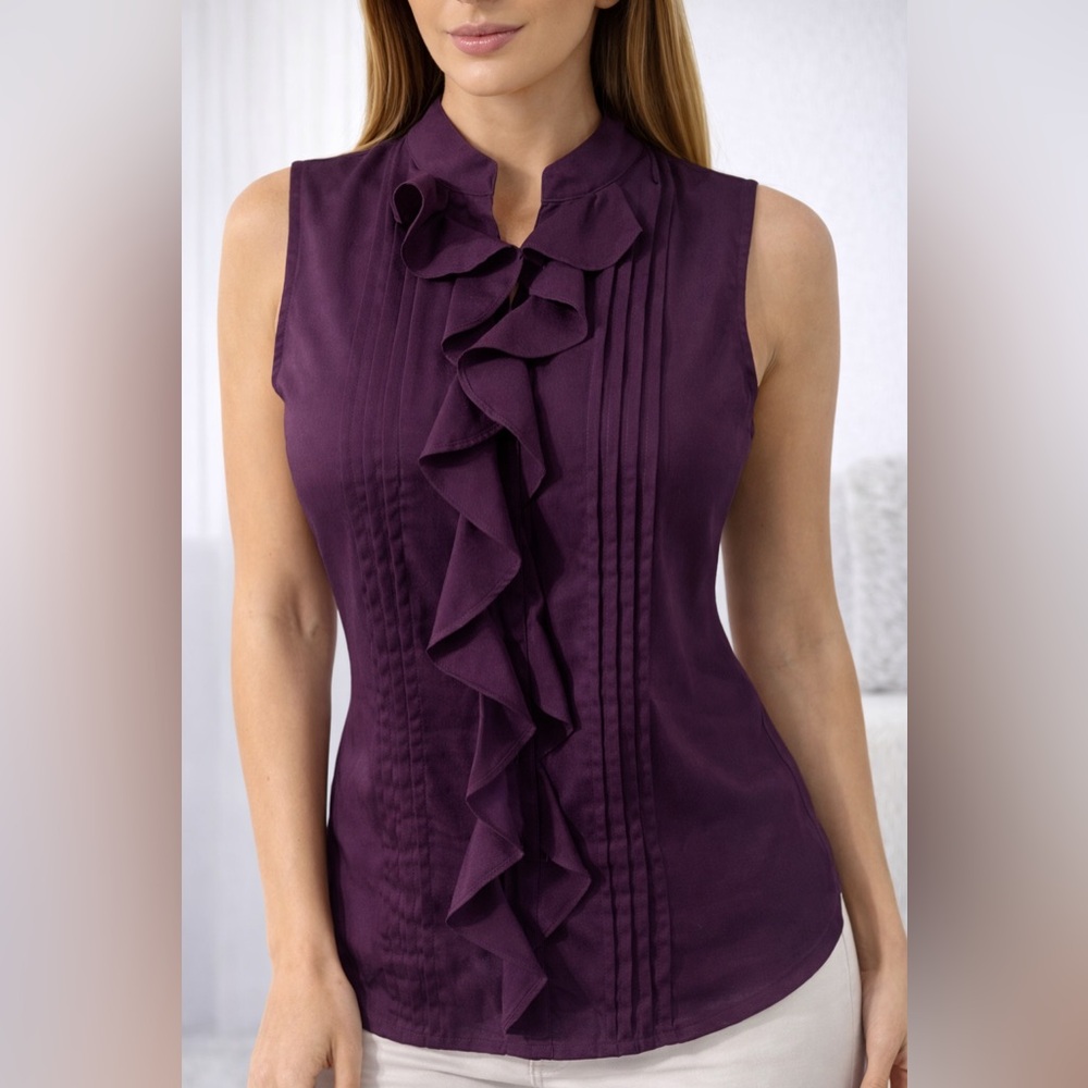Cleo Purple Ruffle Front Sleeveless Blouse XS Petite Lightweight Career Top